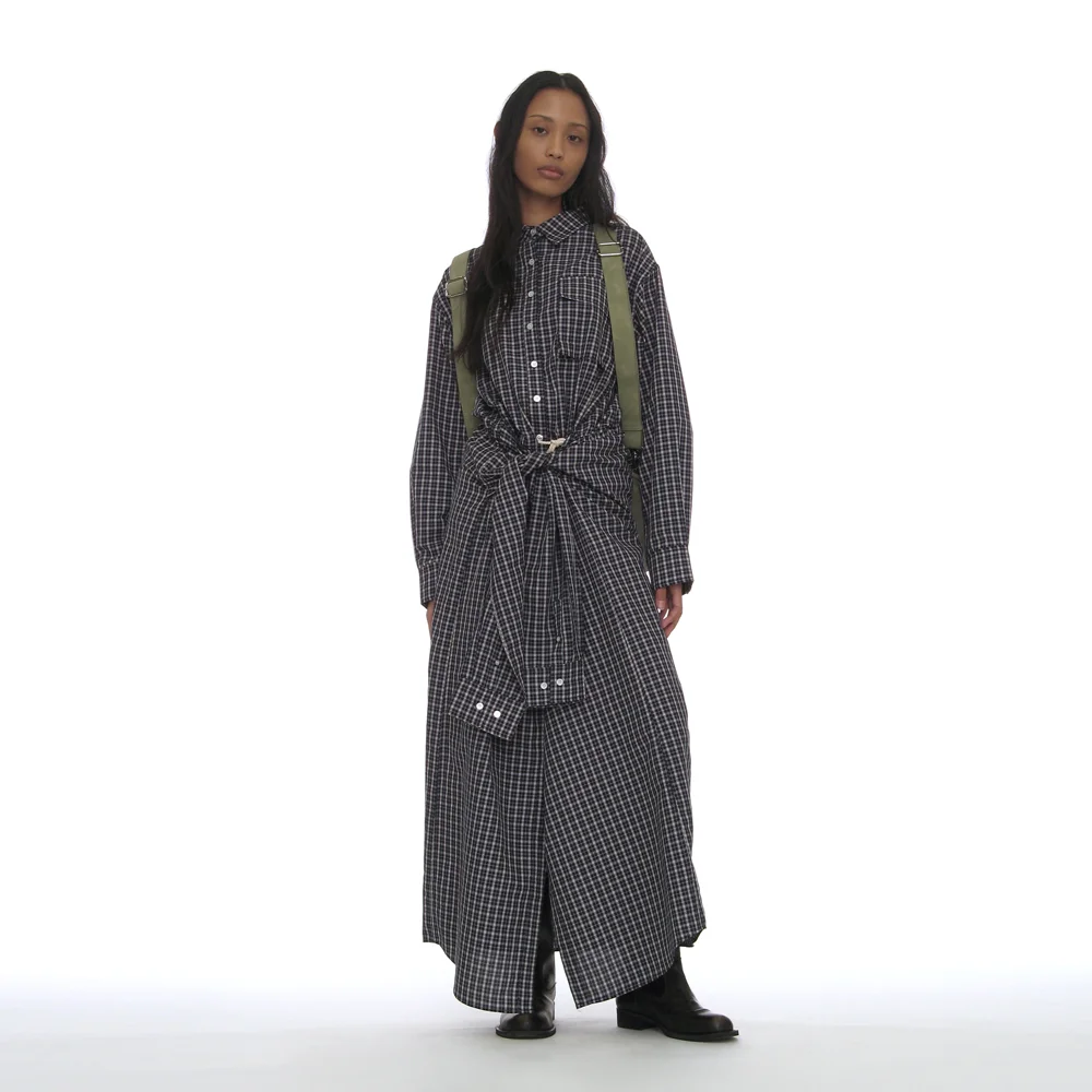 SLEEVE-TIE SHIRT MAXI DRESS_NAVY CHECK