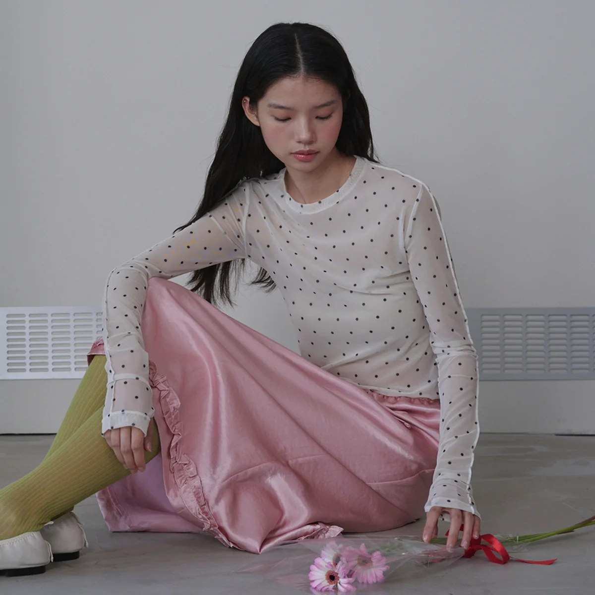 Dot See-through Long Sleeve MeshTop_Ivory