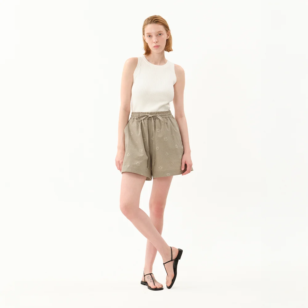 floral seersucker shorts_khaki