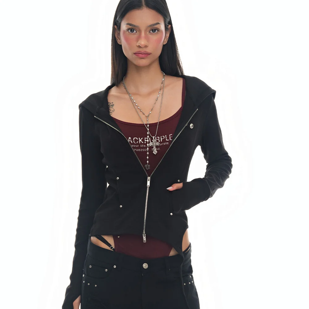 深 流線 不對稱 連帽衫 修身 拉鏈_黑色 Dark Flow Zip-Up Hoodie_Black