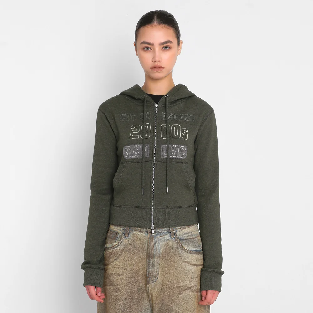 BRUSHED PATCH HOODED ZIP UP_KHAKI