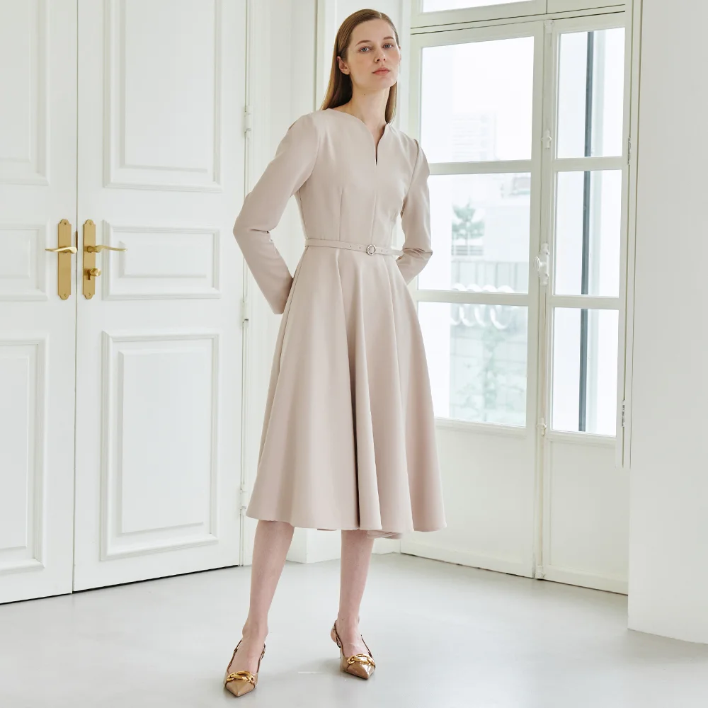 Heart Neck Flare Dress-Beige