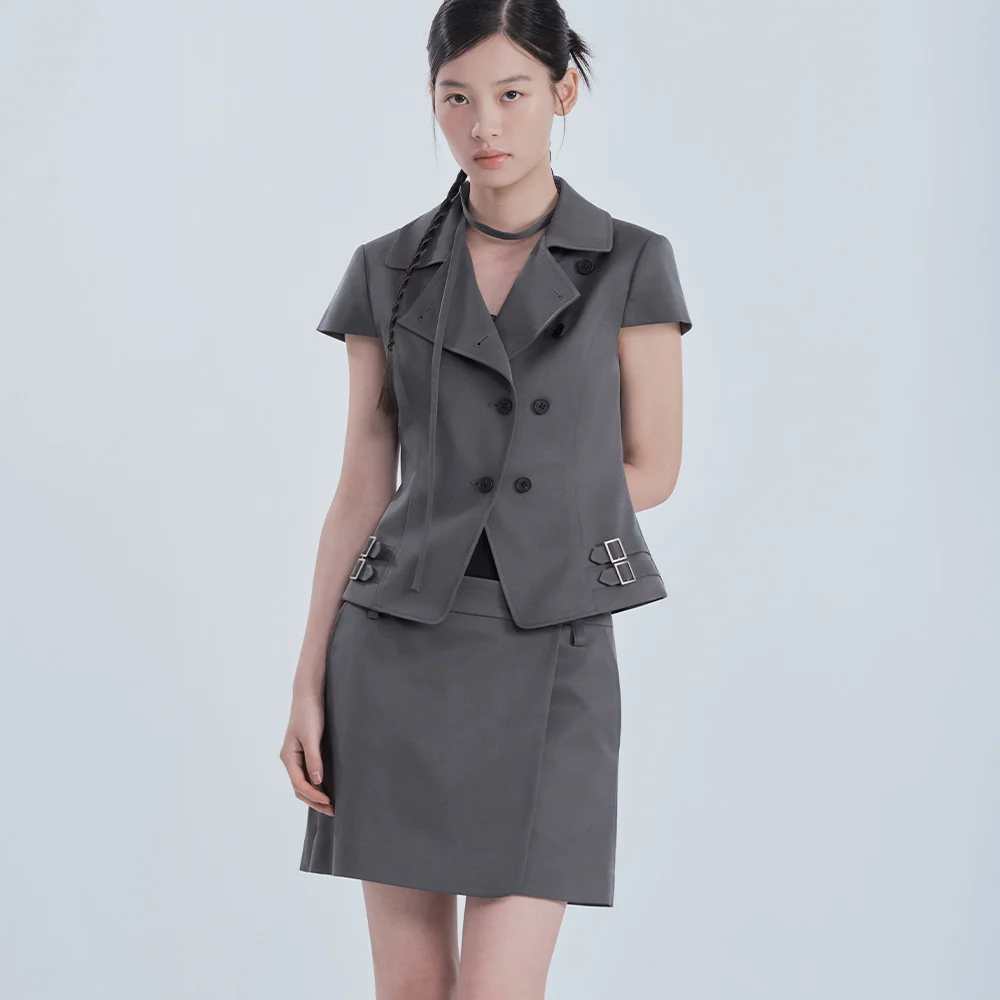 Bella Double Button Wrap Skirt - Grey