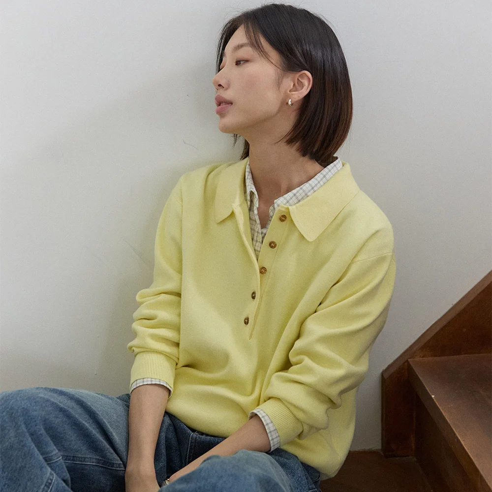 必備款 鈕扣 衣領 針織衫 - Yellow