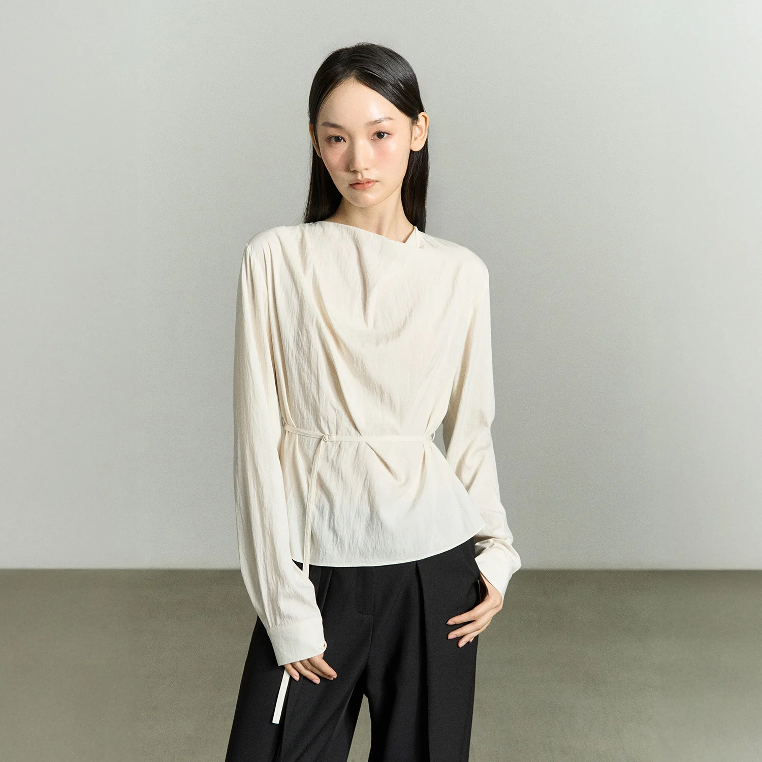 DRAPED NECK BELTED BLOUSE