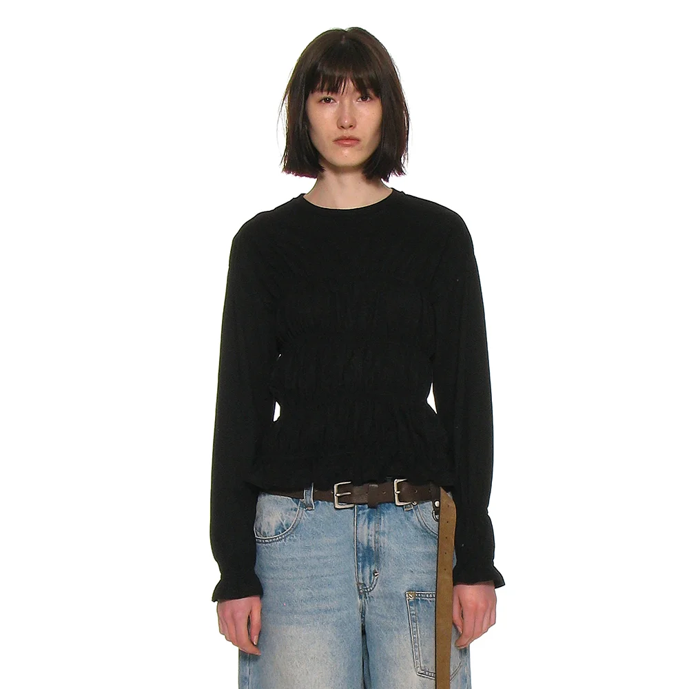 SMOCKED LONG SLEEVE TOP_BLACK