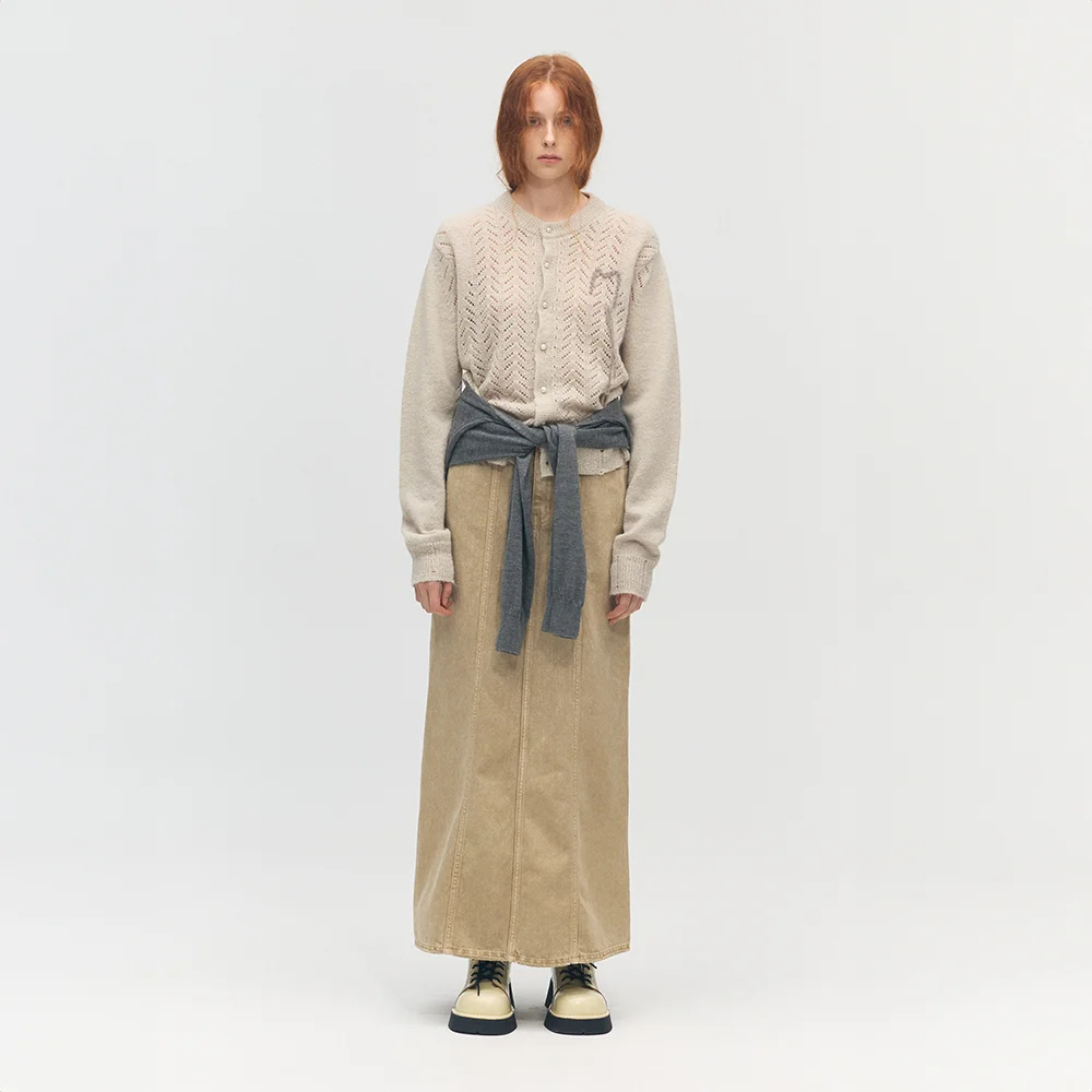 SNOW WASHED MAXI DENIM SKIRT_camel
