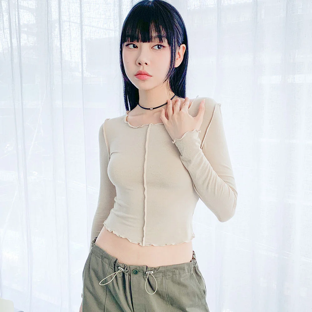 圓領 拼接 短版 針織衫 奶茶色