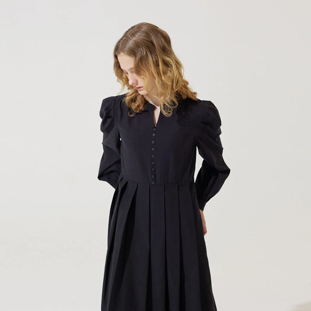 Semi v neck puff pleats long dress - black
