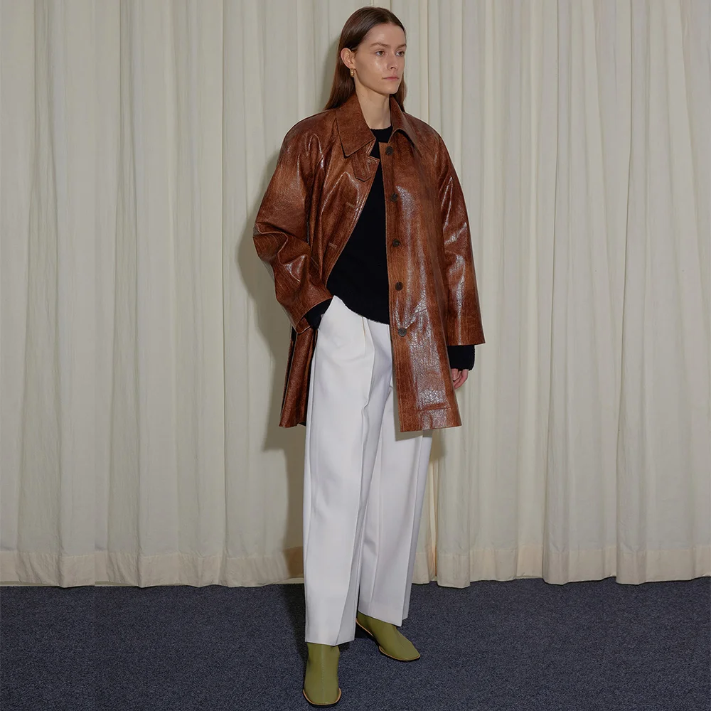 CRACK COATED BELTED COAT - BROWN