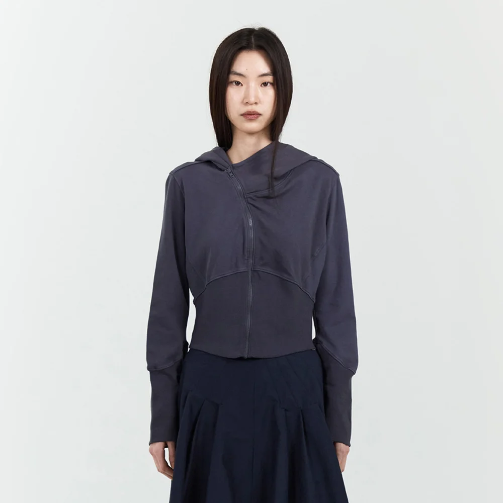 WOMENS GARMENT DYED CURVED HOODED ZIP JACKET CHARCOAL