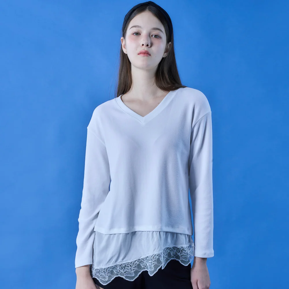 套裝 V領 寬鬆版型 雙 層次 蕾絲 長袖T恤 622