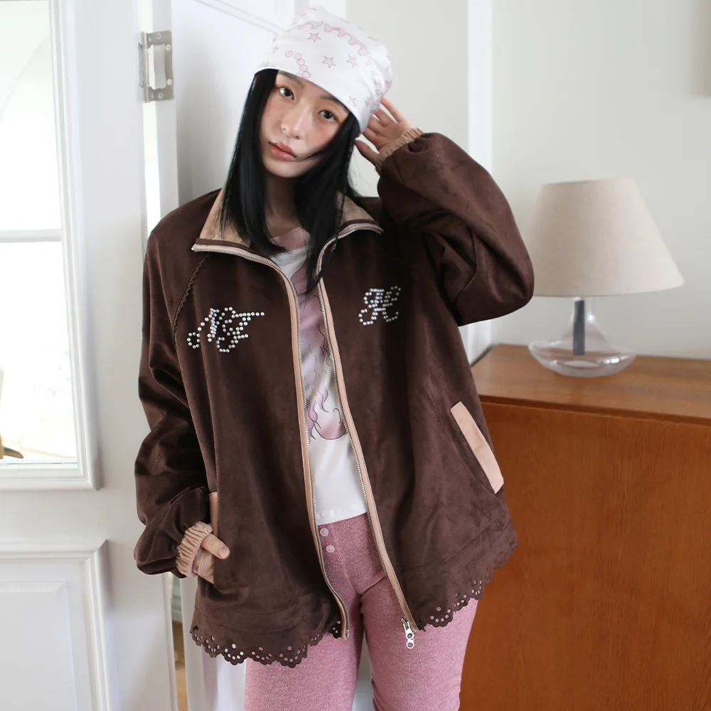 SUEDE LACE CUT PEARL LOGO ZIP-UP CHOCO