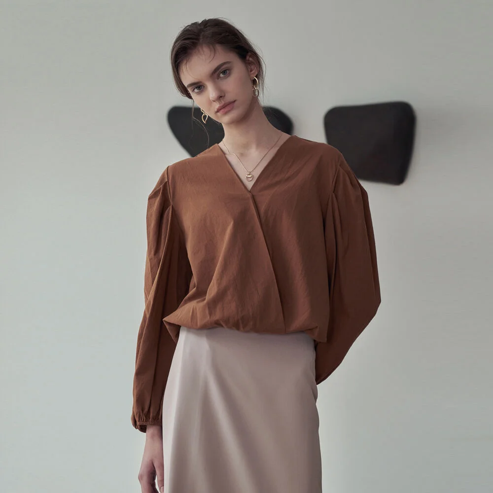 PIN-TUCK WRAP BLOUSE_CAMEL