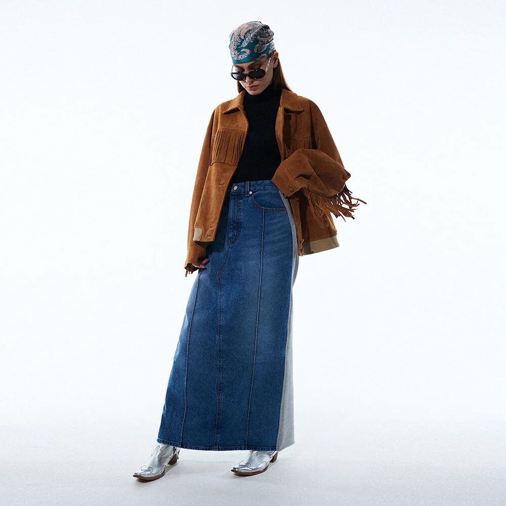 HALF AND HALF DENIM MAXI SKIRT KA