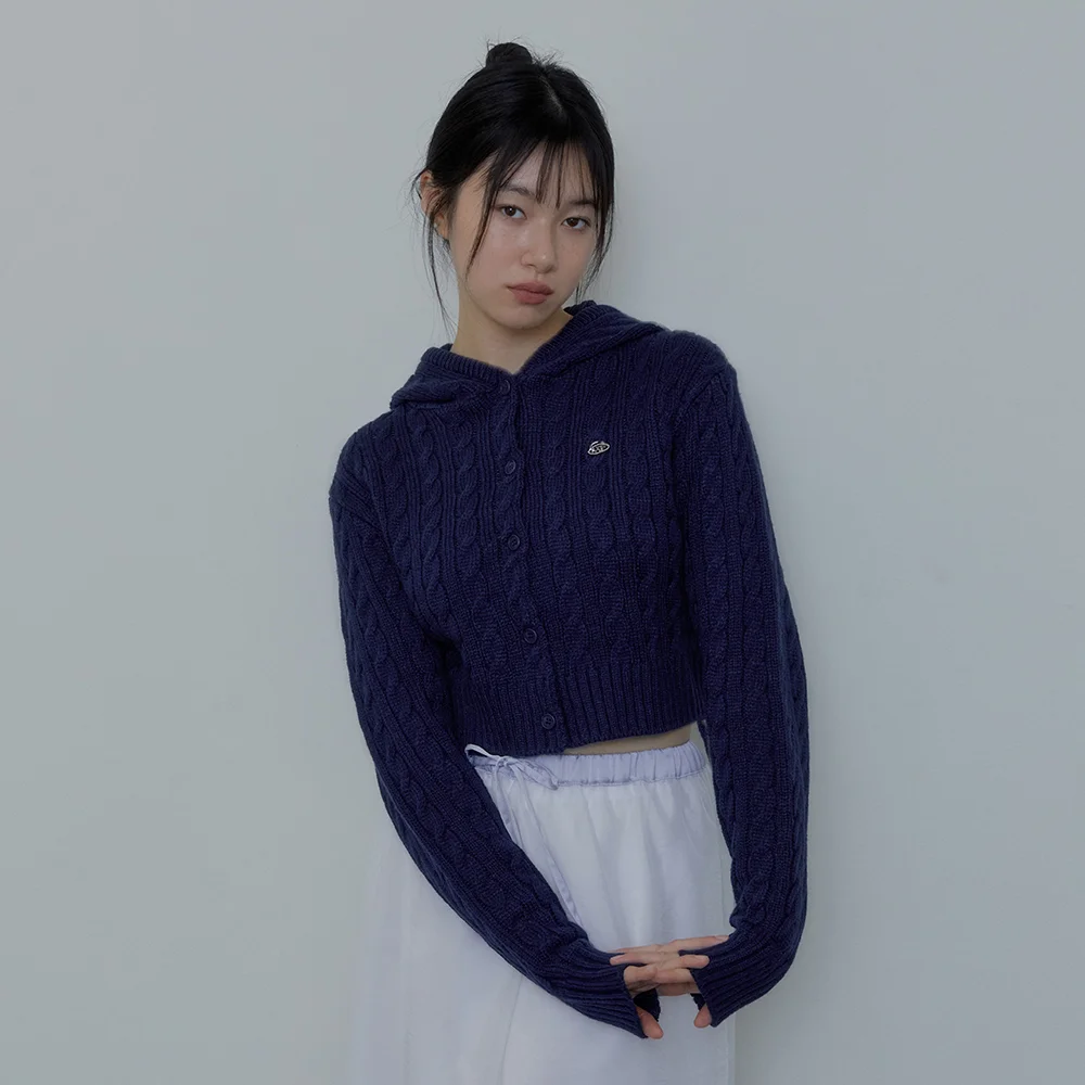 HOODY CABLE-KNIT CARDIGAN (NAVY)