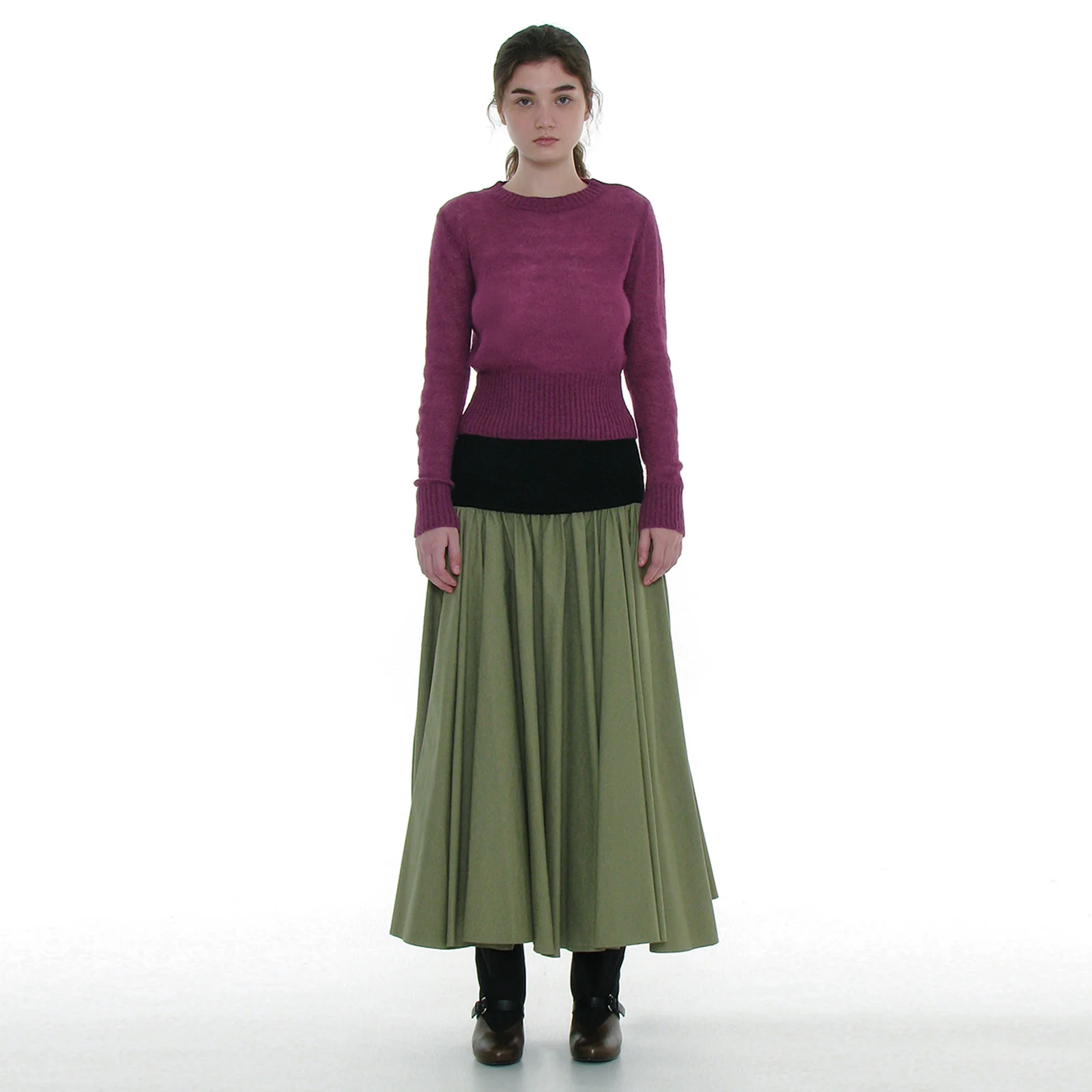 VOLUME FLARE MAXI SKIRT_KHAKI GREEN