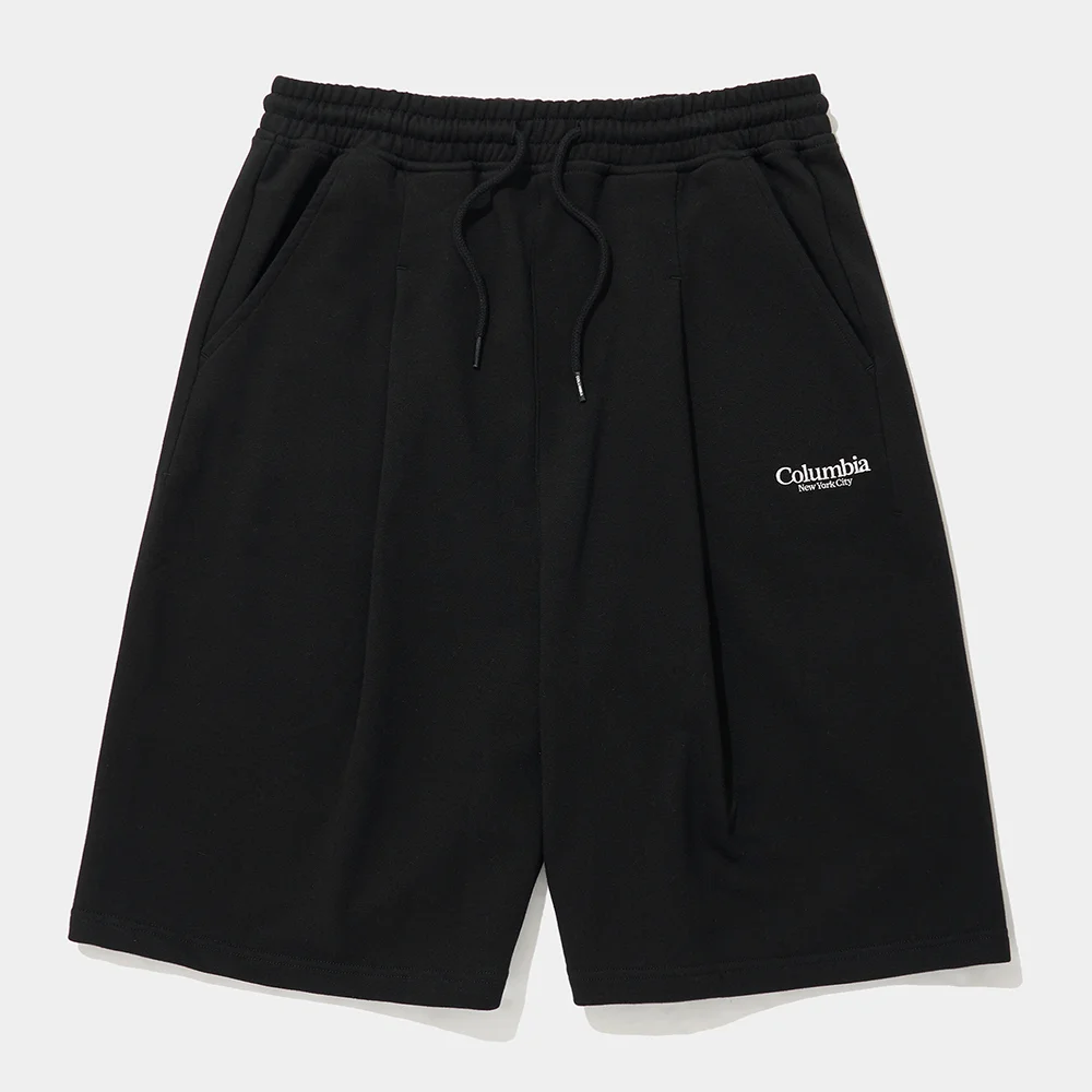 NYC EMB PINTUCK TERRY SWEAT SHORTS PANTS_BLACK