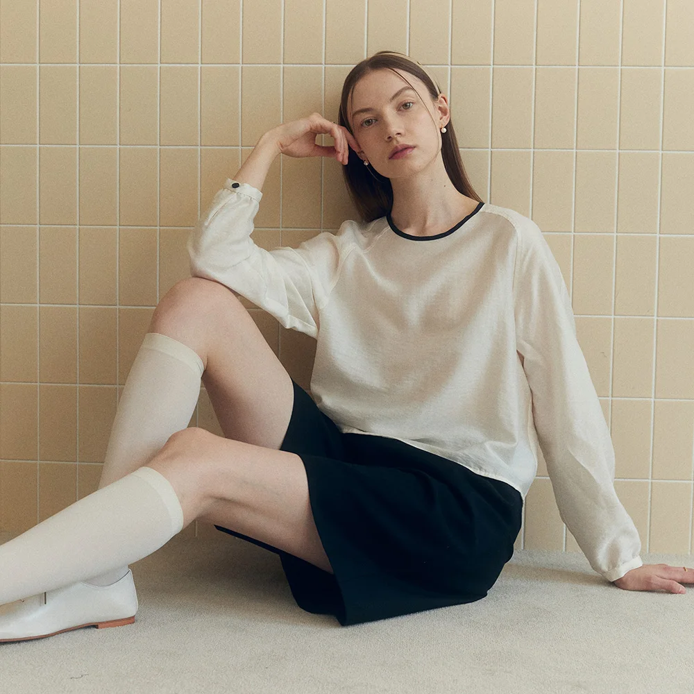 RIBBON COMBI BLOUSE (sand ivory)