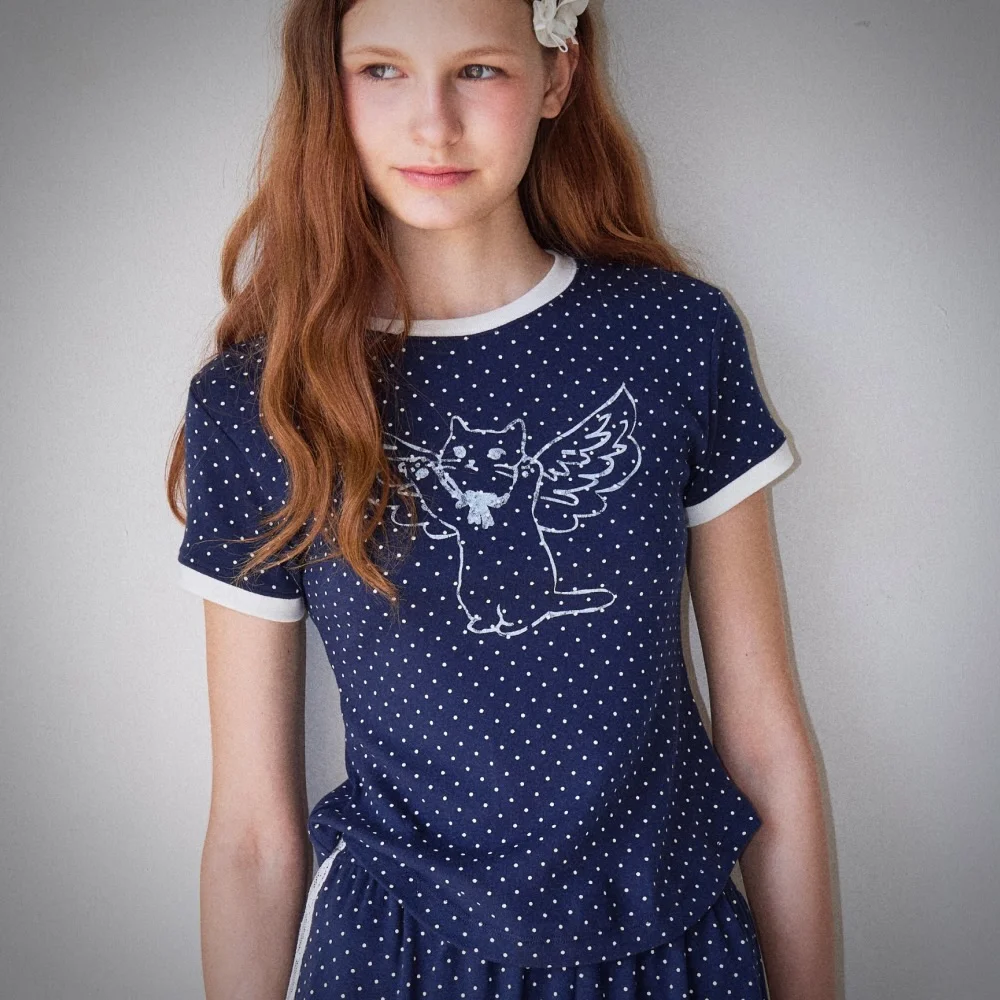 Angel Cat Dot Ringer T-shirt Navy