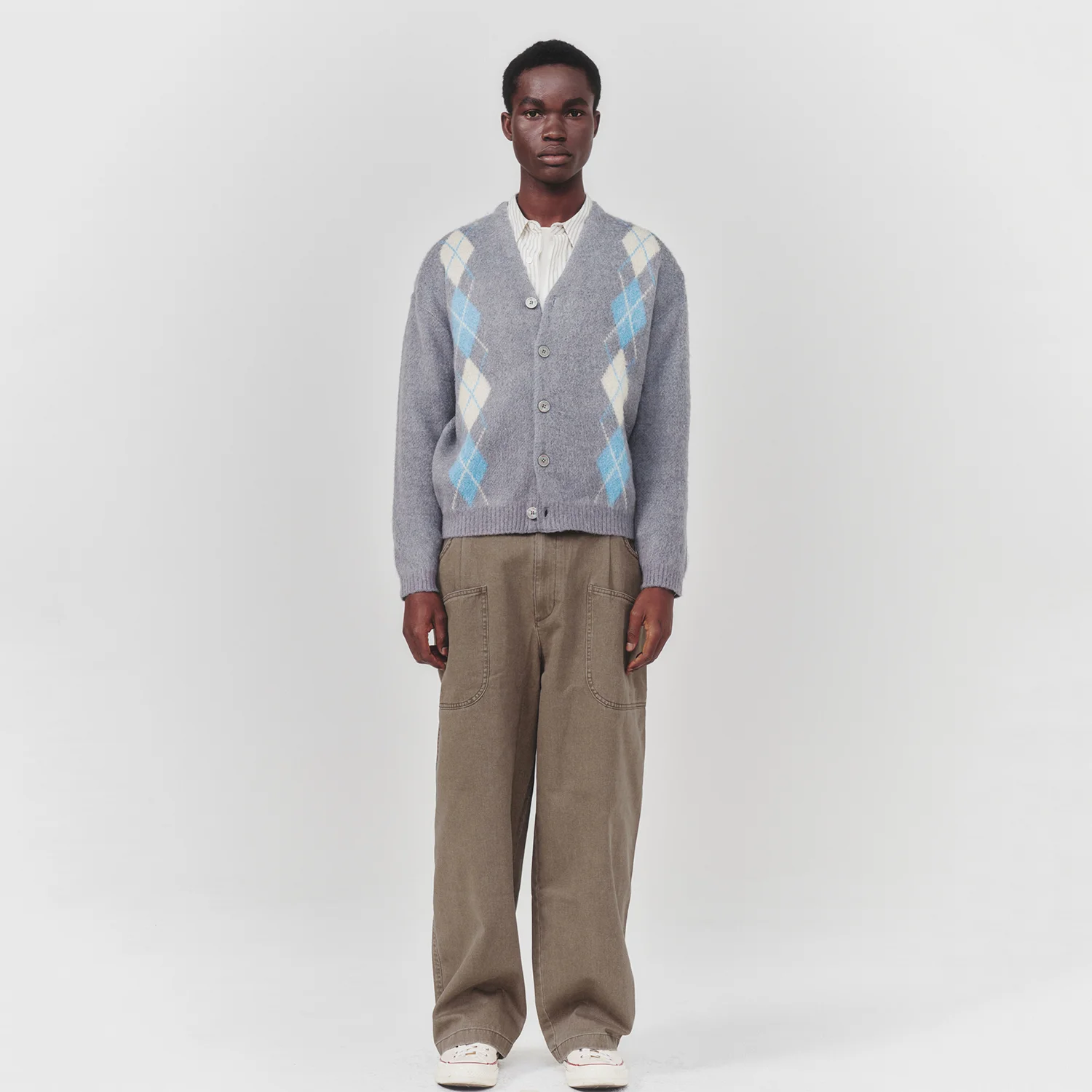 Argyle Mohair Knit Cardigan_ Grey