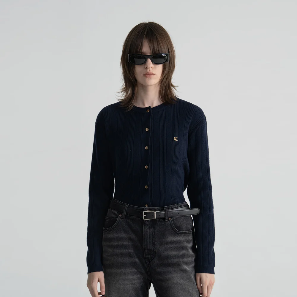 (W) RIBBED KNIT CARDIGAN - NAVY