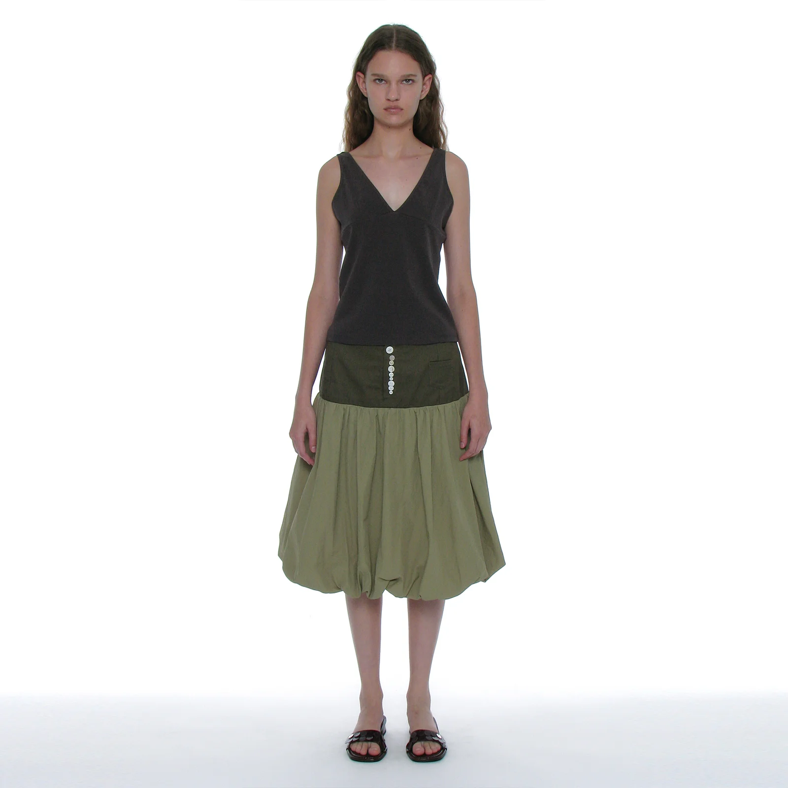 BUTTON POINTED PUFF MIDI SKIRT_KHAKI GREEN