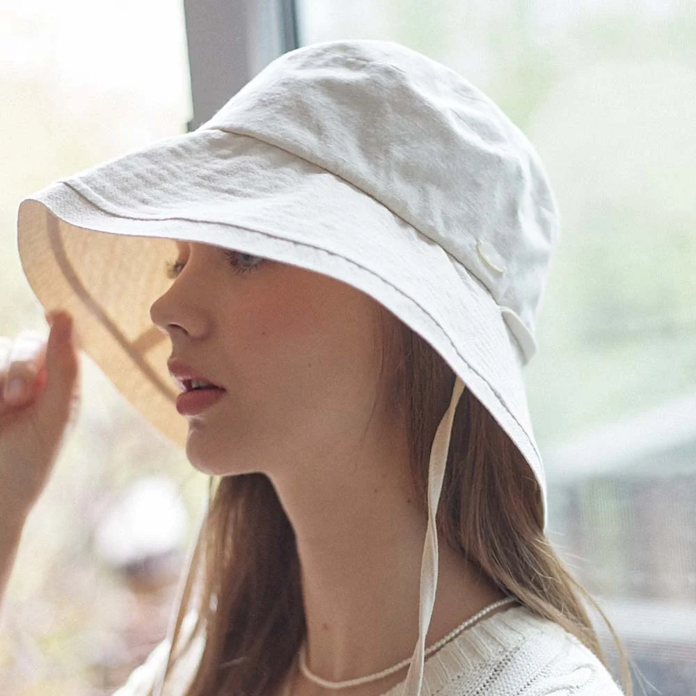 Linen Ribbon Bucket Hat - Light Beige