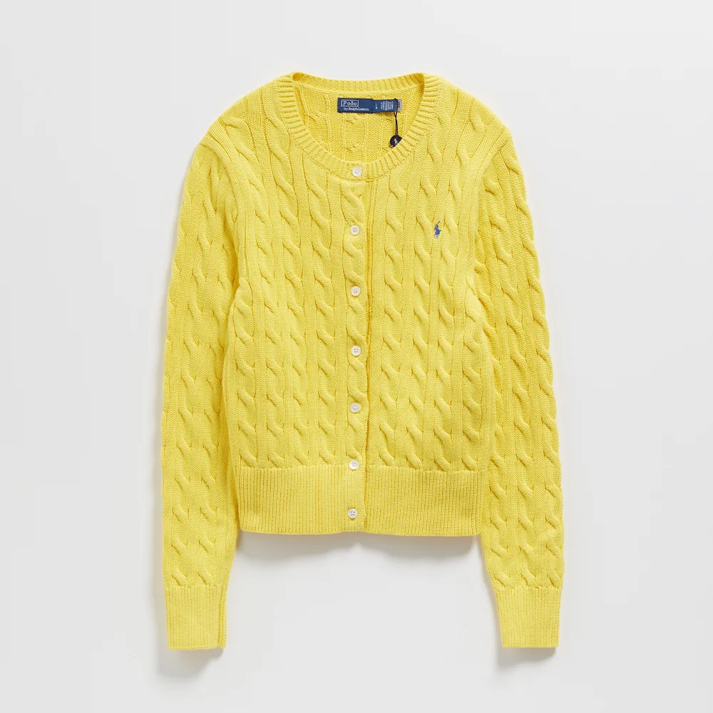絞花 針織衫 純棉 圓領 開襟外套 (YELLOW)