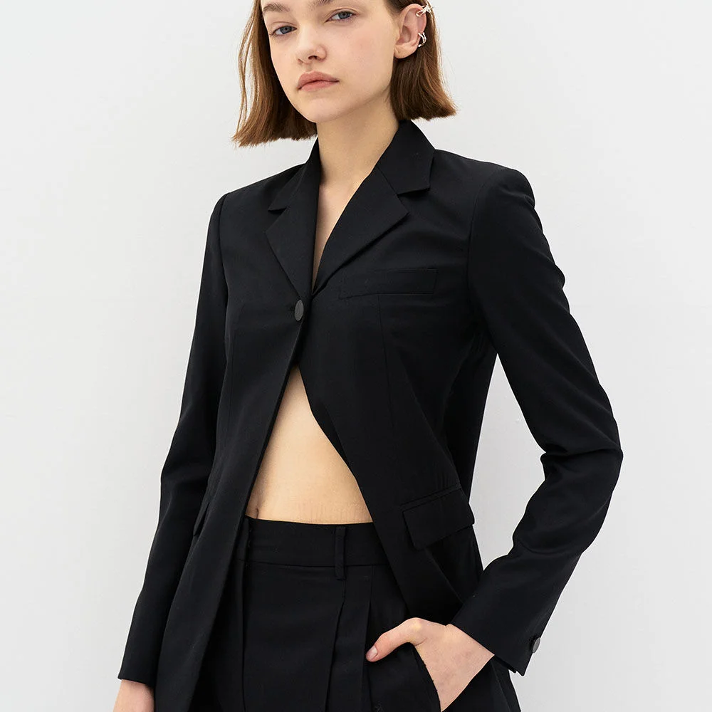 5P Wool Silk Single Blazer - Black