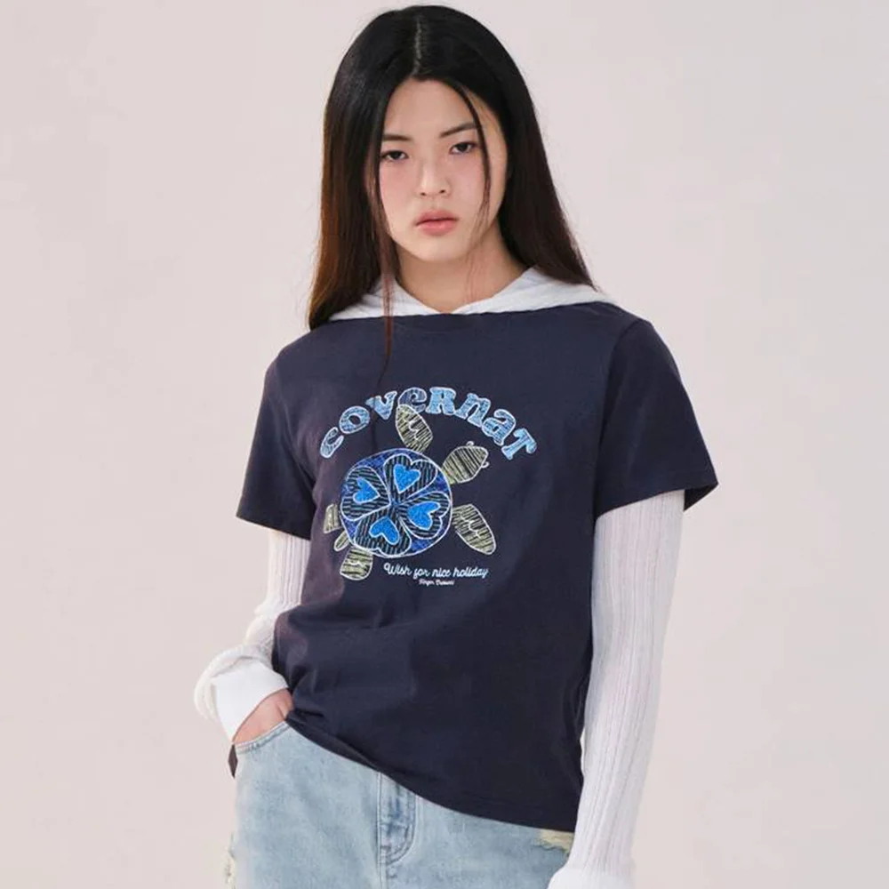 女裝 塗鴉 龜頸 T恤 Navy