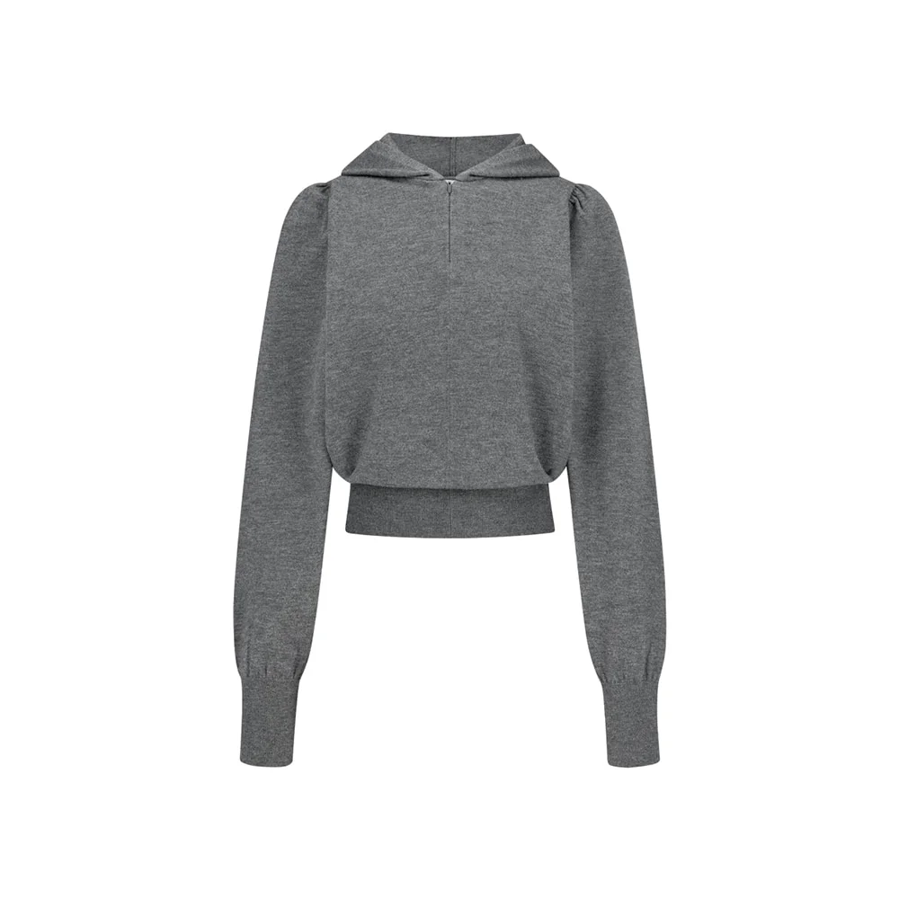 Shirring half zip up knit hoodie, Grey