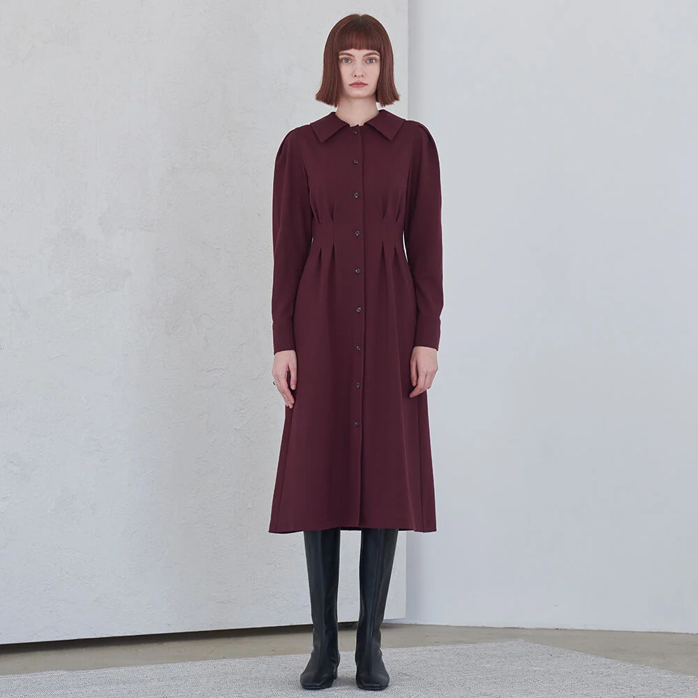 Tuck Detail Dress - Burgundy