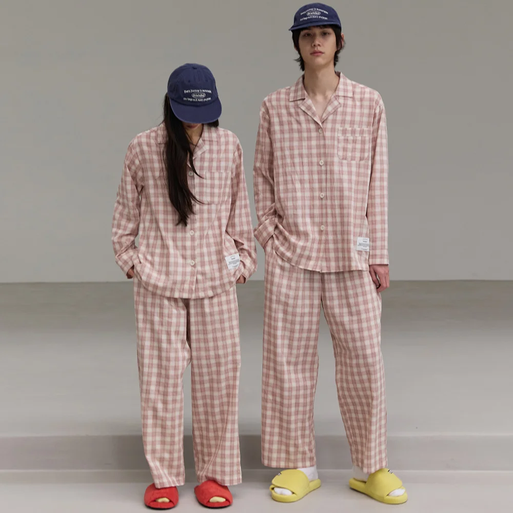 (Uni) Check Cotton Pajama Set Brick red