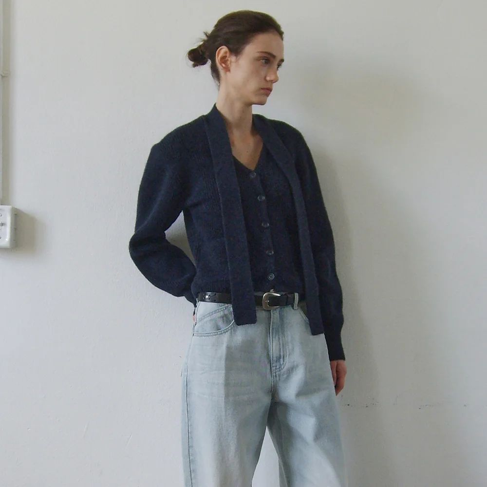 MUFFLER ALPACA KNIT CARDIGAN - NAVY