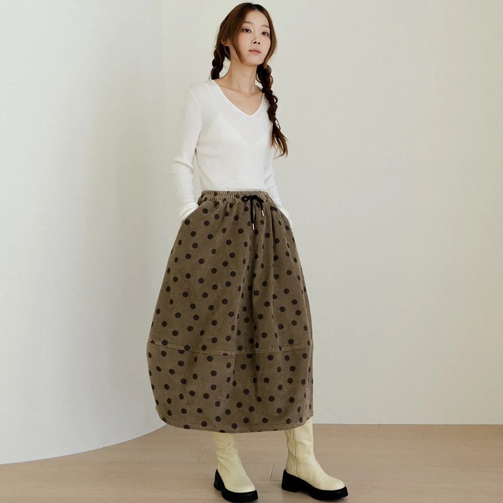 Brown Dot Corduroy Balloon Skirt