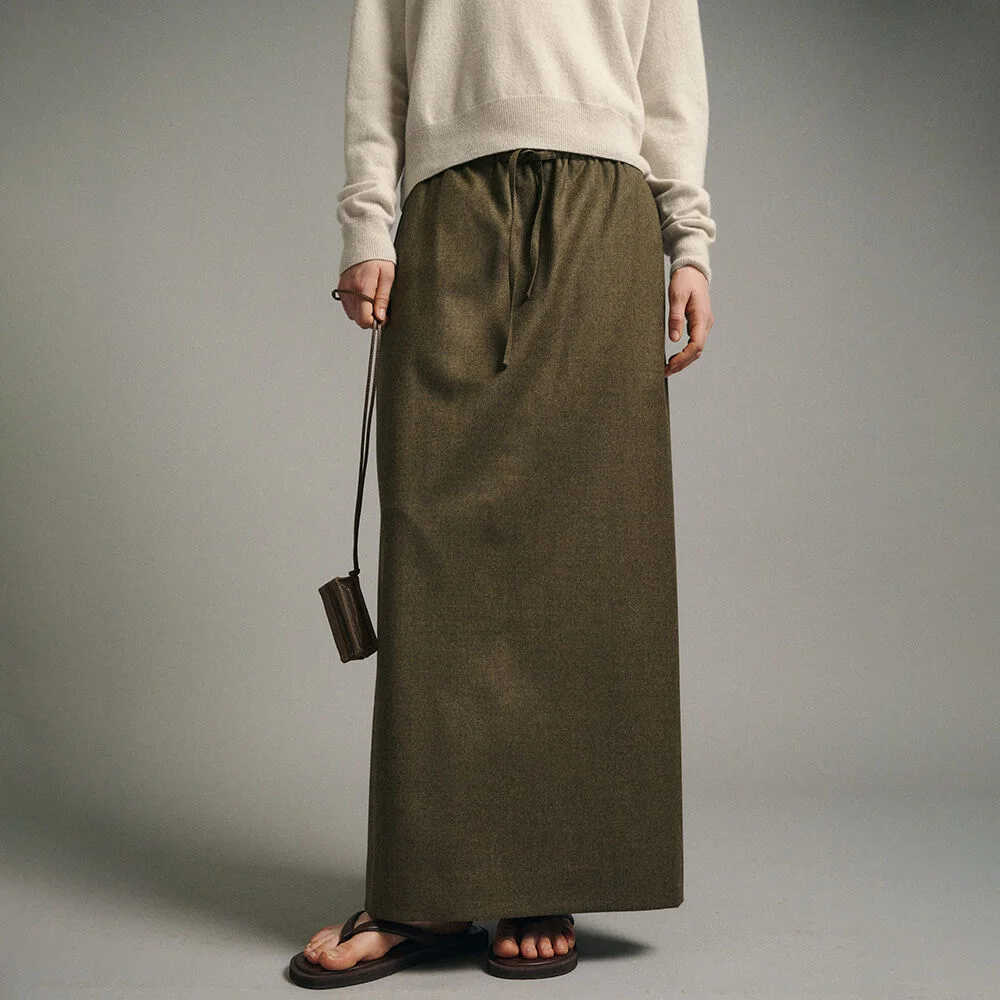 經典 Maxi 鬆緊帶 半身裙_khaki