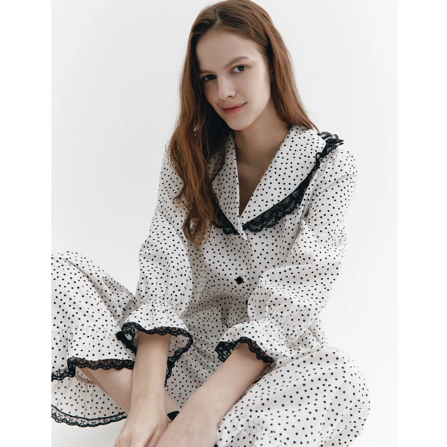 Frilly Lace-deco dot Pajama Pair