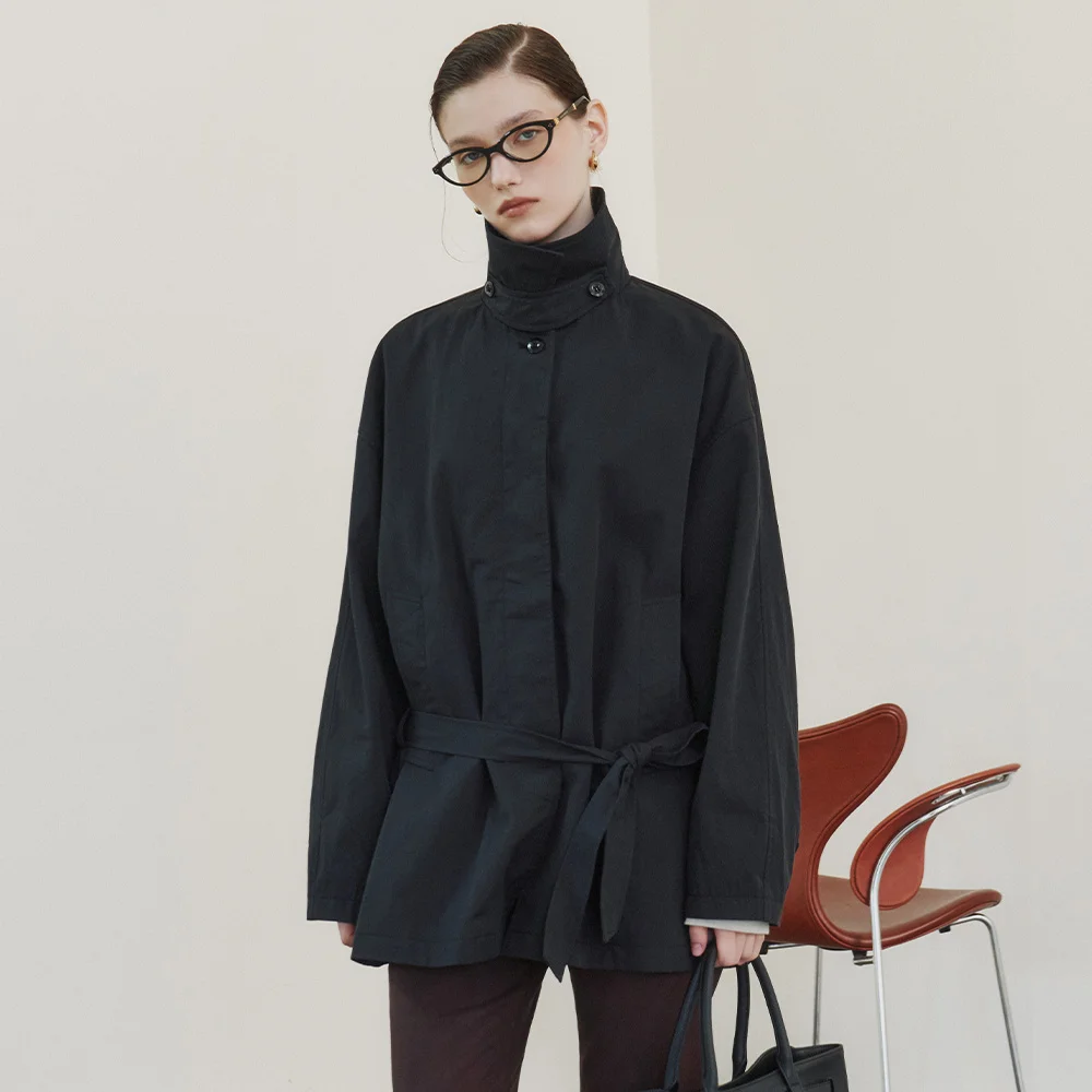 SIOT4184 束帶 半 風衣 外套_Black
