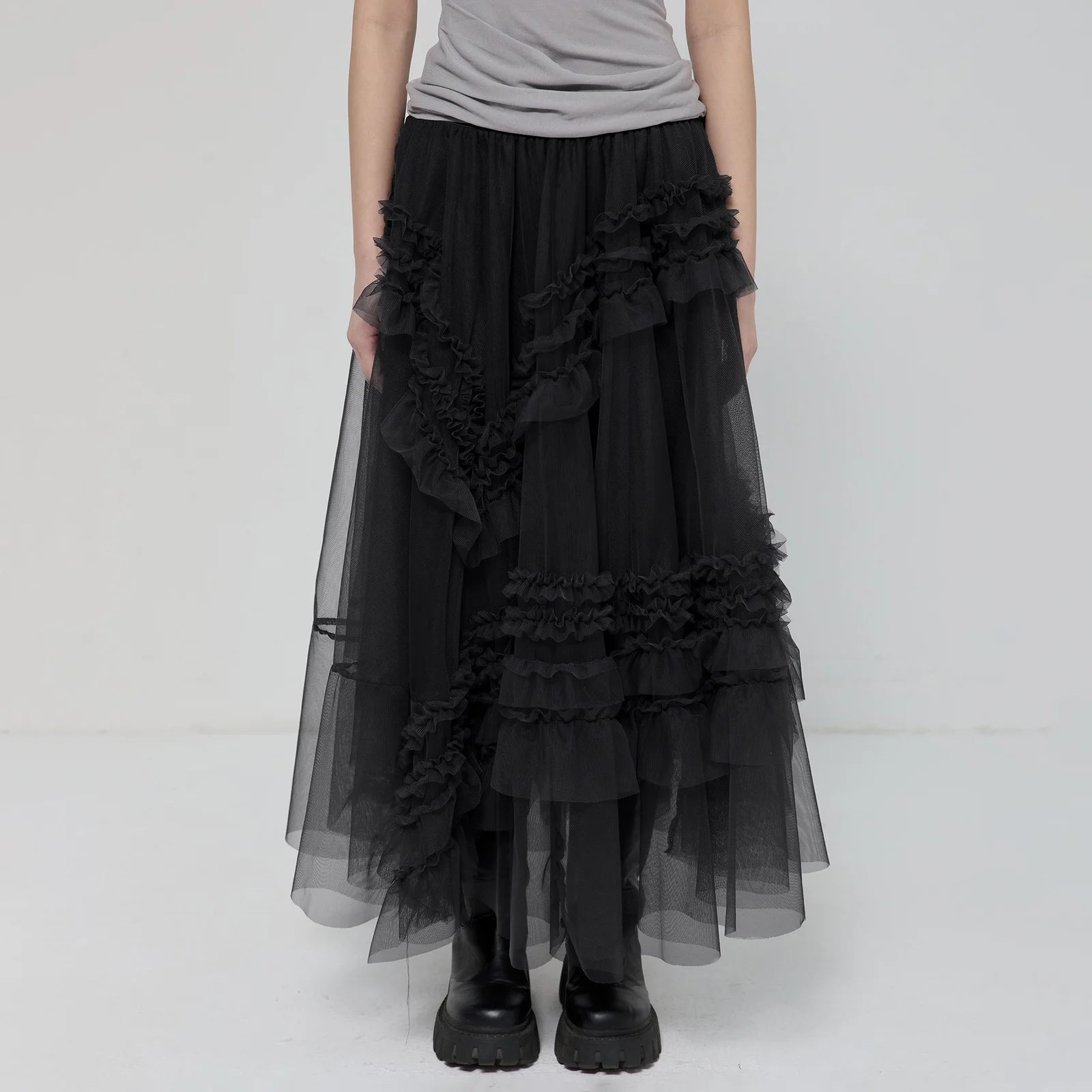 Tulle Layered Long Skirts (FL-266_Black)