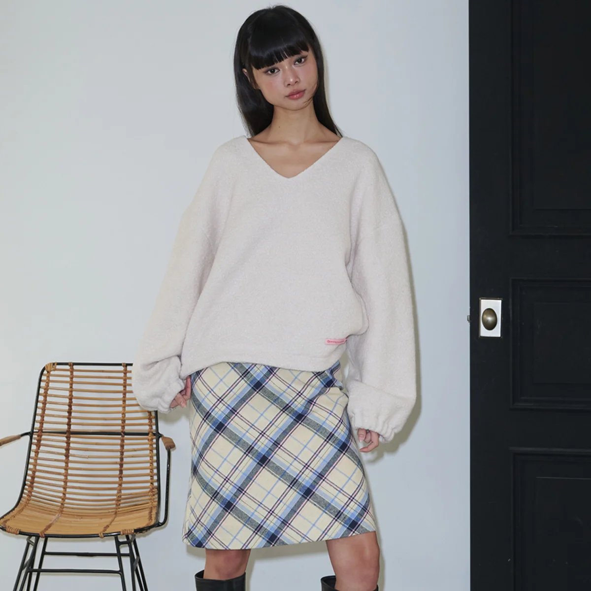 V-neck Boucle Wool 100% Loose-fit T-Shirt_Ivory
