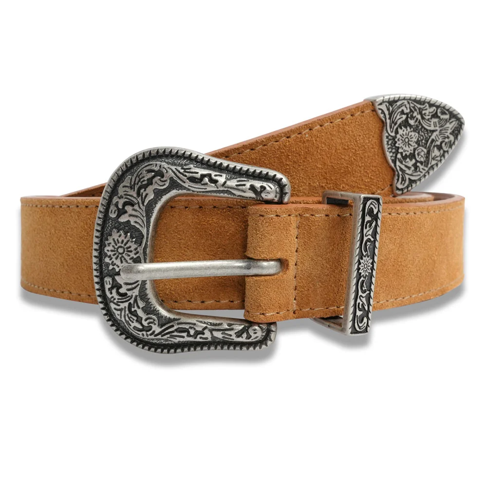 Flower Western Suede Belt in Camel
