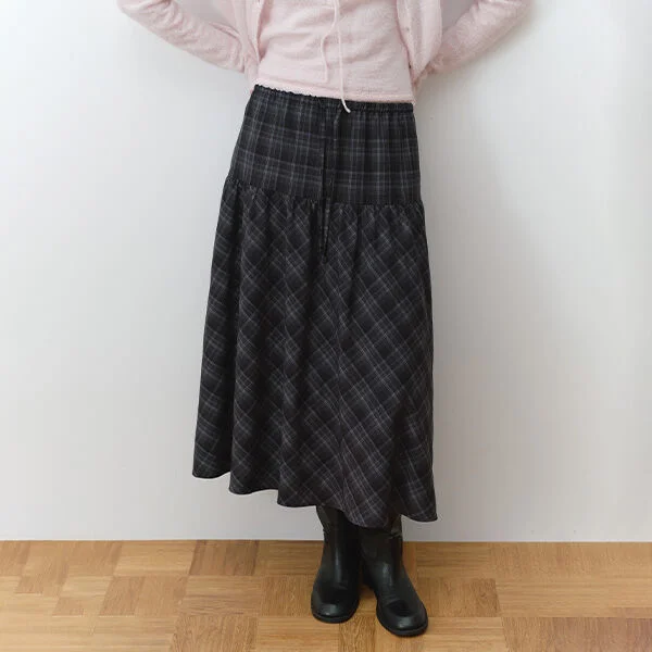 CHECK SHIRRING LONG SKIRT DEEP GRAY