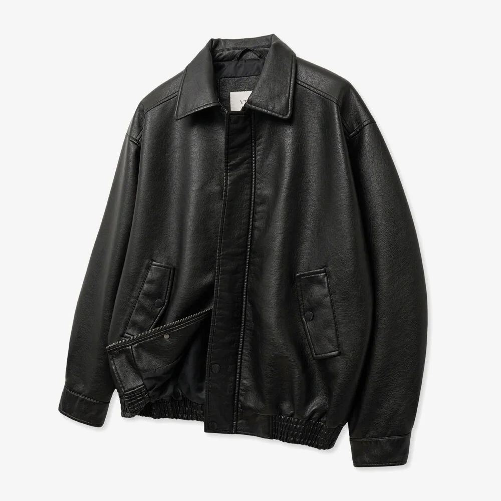 8262 水洗 寬鬆版型 皮革 外套 (BLACK)