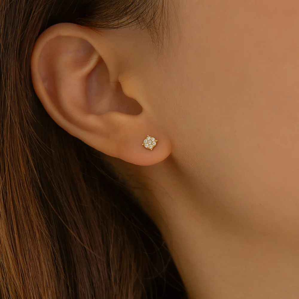 14k 銳利 Pave 圓領 鉚釘 耳環 (14k金色) #LFE38