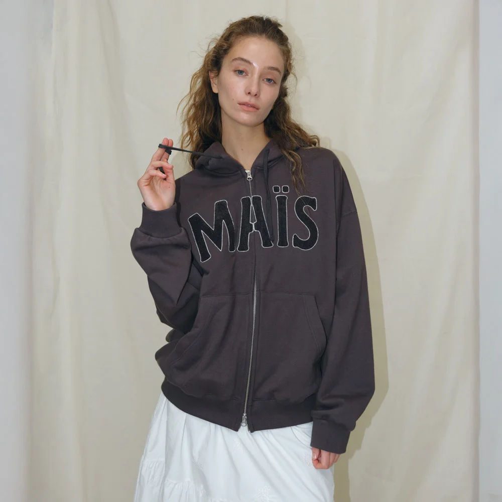 BOUCLE LOGO ZIP-UP HOODIE / CHARCOAL