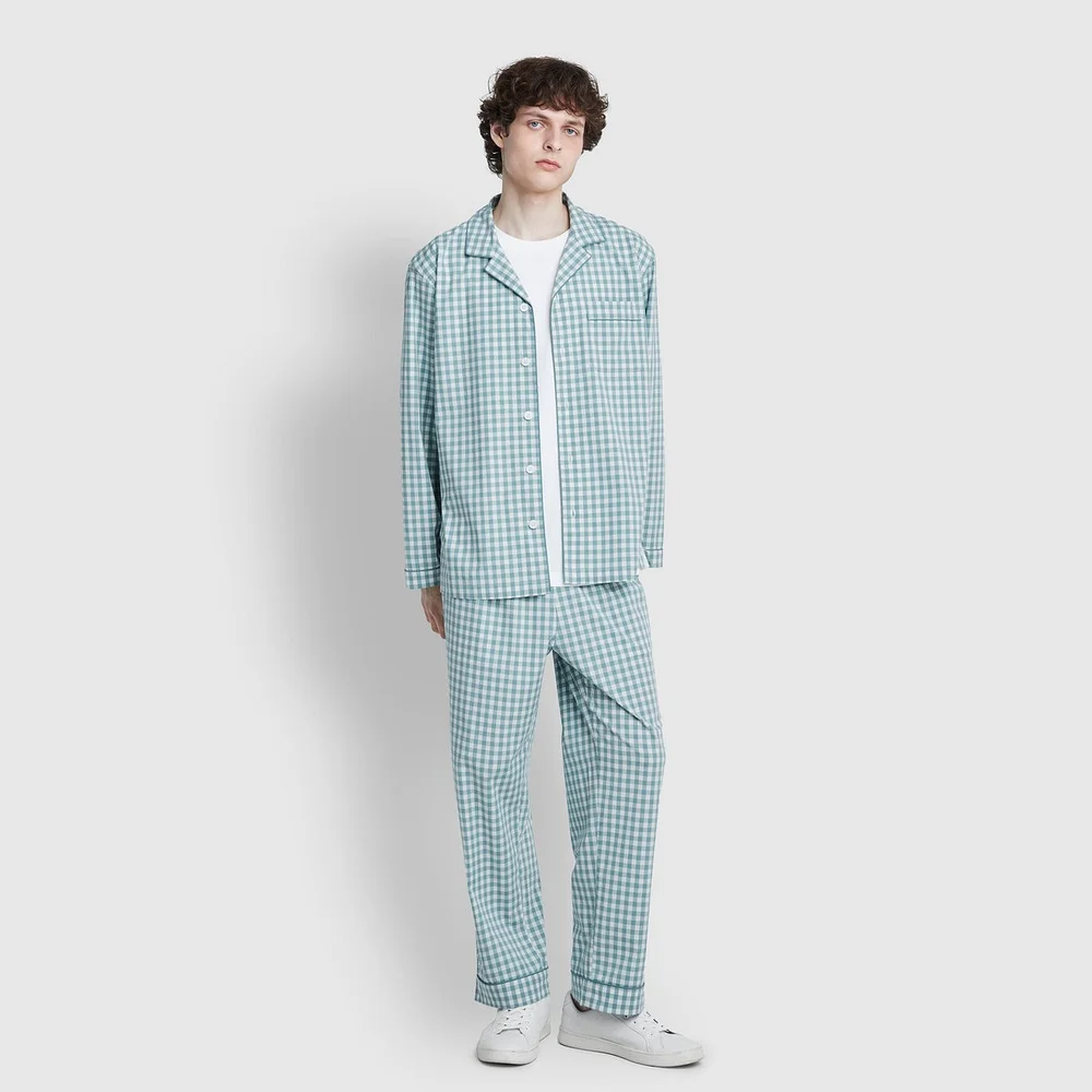 男裝 純棉 彈力 10分 睡衣 套裝_淺 藍綠色 綠色