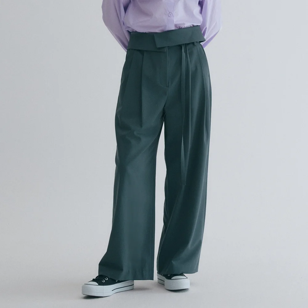 翻摺 細節 雙褶 寬褲 GREENISH GREY