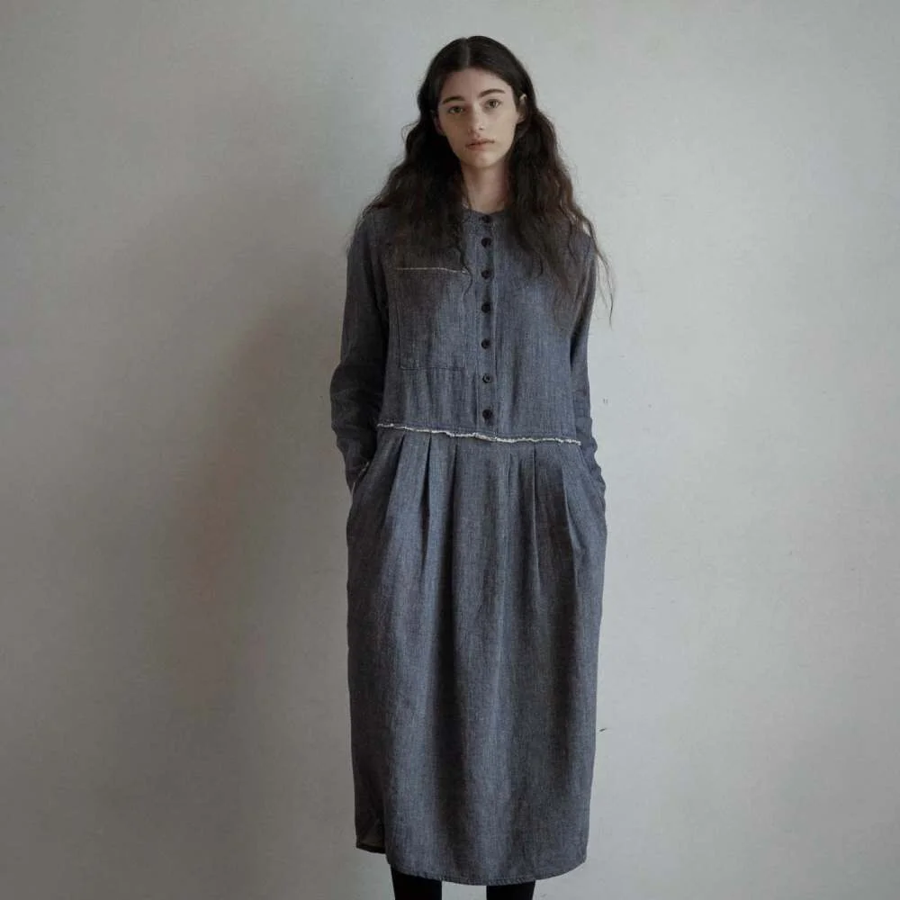 Autumn Mandarin collar Linen Dresses -3color