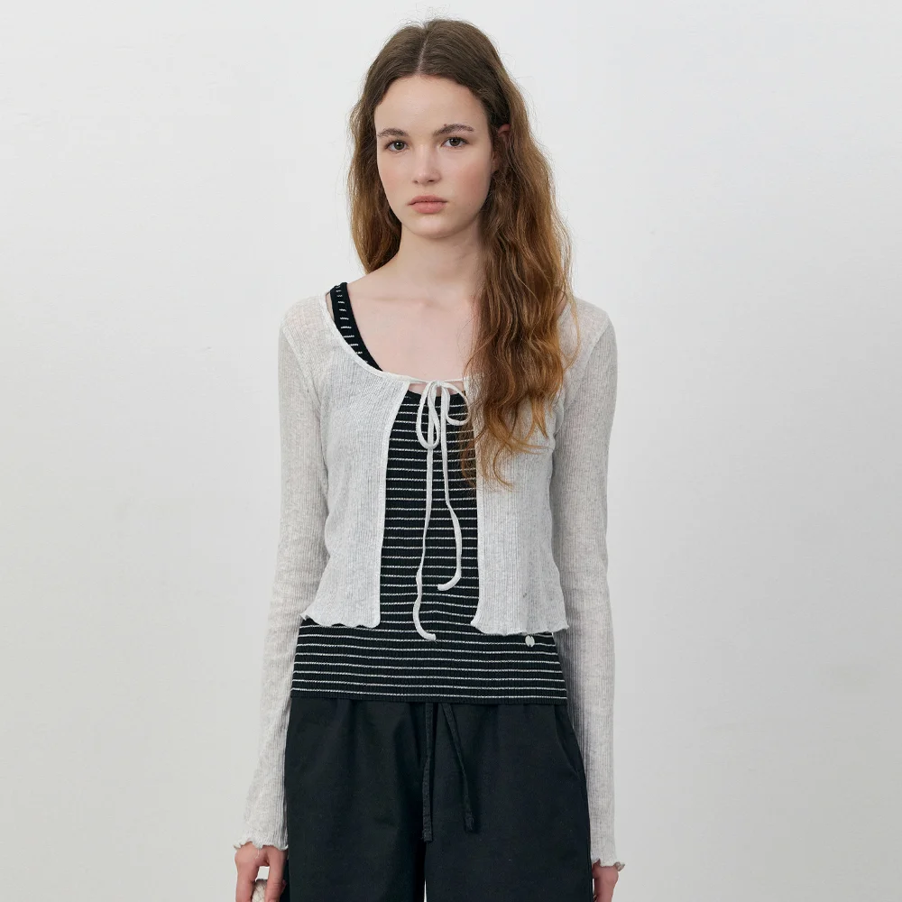 Tie-front lettuce hem cardigan_Gray